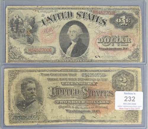 Two piece lot to include one dollar US note signed Allison (illegible writing) and two dollar silver certificate signed Rosec