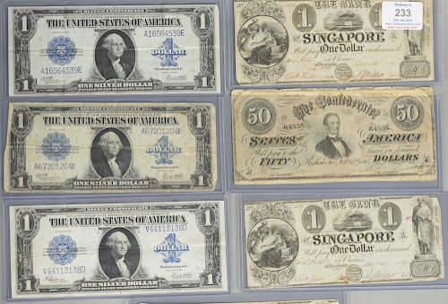 Seven piece lot to include three Bank of Michigan Singapore dollars, all 1837 to J. Porter and four piece lot of paper curren