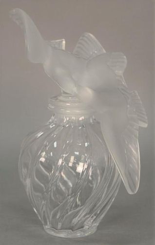 Lalique crystal display perfume bottle, with frosted doves stopper "Factice", signed Lalique. ht. 12 1/2in.
