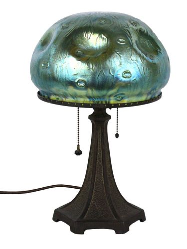 Arts & Crafts Green Glass and Bronze Table Lamp