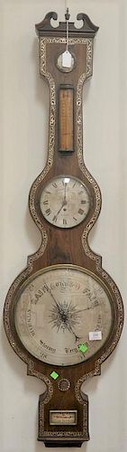 Horatio Yeates rosewood wheel barometer clock having thermometer above clock over circular barometer in conforming case.  ht.