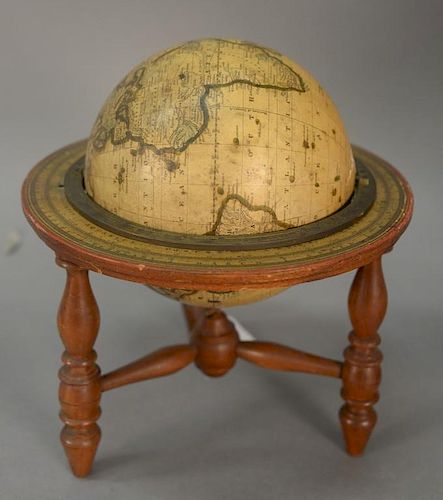 Joslins Terrestrial table globe on stand with turned legs, marked: Boston 1844. 
(crack in globe) 
dia. 6in.