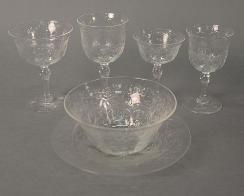 Webb Corbett, crystal etched dessert set, sixty-five total pieces to include eight bowls, twelve plates, eleven sherry stems,