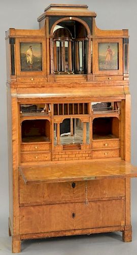 Biedermeier secretaire having mirrored top with inlaid dome and columns flanked by two doors with hand painted metal inserts 