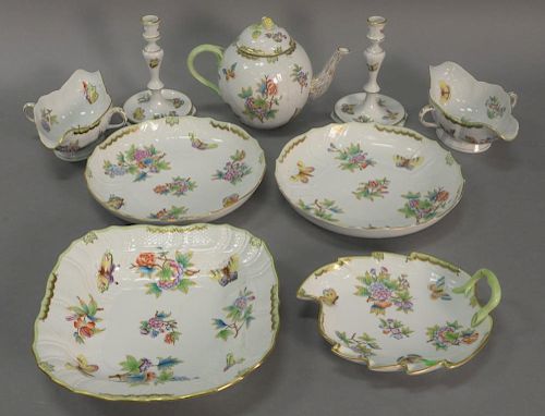 Nine piece Herend Queen Victoria table articles including 2 deep plates, 1 round, 1 square shaped dish, pair of sauce boats, 