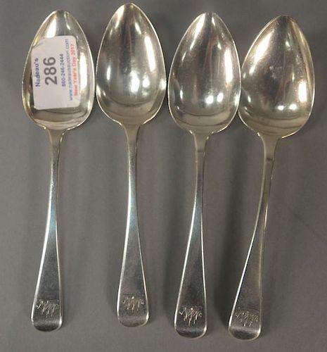 Set of four English silver spoons, each with three masted ship on end. 
lg. 6 1/2in. 
4.1 t oz.