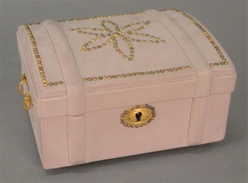 Hermes Paris jewelry box having brass tac dome top wrapped in light purple suede, interior having silk tray over tufted inter