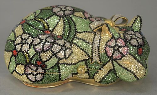 Judith Leiber jeweled crystal cat clutch/hand bag having bright colored flower design and gold interior with comb and coin pu