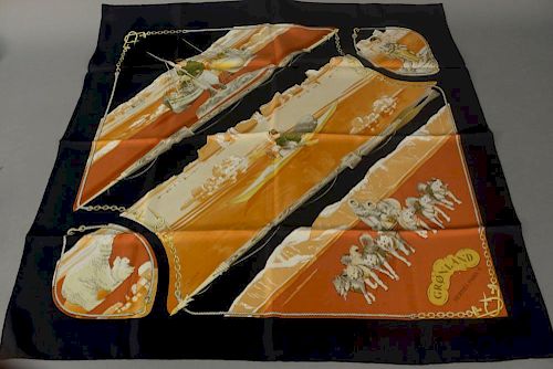 Hermes Paris silk scarf "Gronland" by Philippe Ledoux, black and tan colors.  34" x 35"