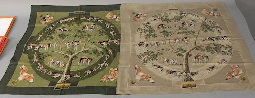 Two Hermes cashmere and silk scarves marked Le Poitevin, having fox and hounds surrounding a large tree.  33 1/2" x 33 1/2" a