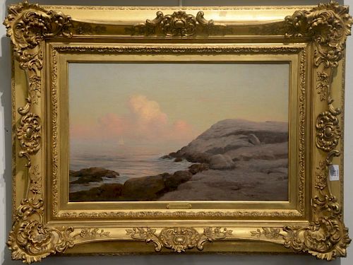 Warren W. Sheppard (1858-1937)  oil on canvas seascape Rocky Coast Sun Setting  signed lower right: Warren Sheppard  relined.
