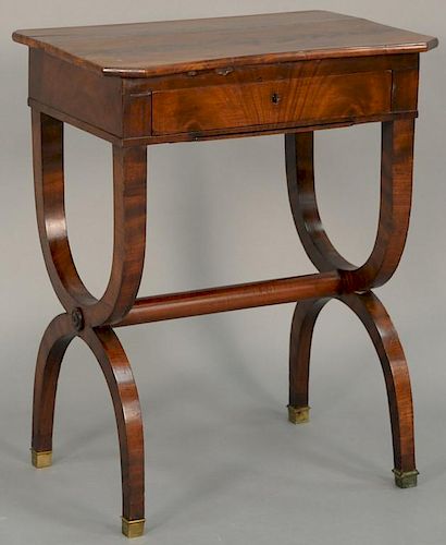 Mahogany work table with bag drawer and drawer with dividers, probably New York circa 1820. 
(top restored) 
ht. 27 1/2in., t