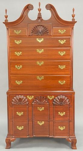 Fineberg mahogany chest on chest in two parts, upper section with broken arch top over three short drawers over four drawers 