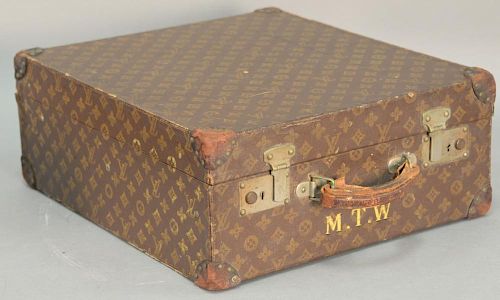 Louis Vuitton monogram suitcase, hard shell exterior with leather corners and tray insert interior with paper label on inside