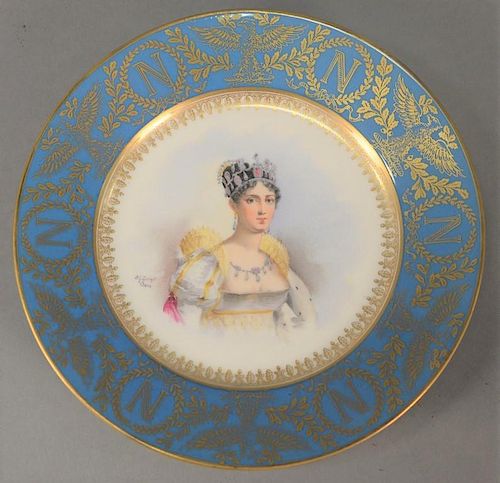 Set of ten Sevres Napoleonic plates, each with portrait medallion centered on blue ground with extensive gilt highlights of o