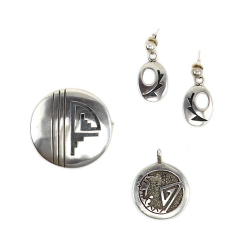 Group of 3 - Hopi Silver Overlay Post Earrings, Pendant, and Pin (J15500)