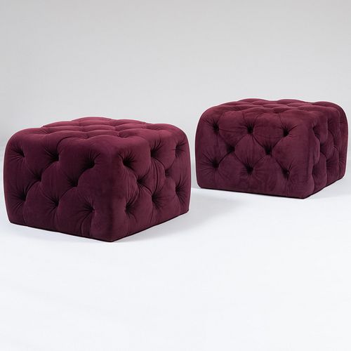 Pair of Purple Tufted Velvet Upholstered Ottomans