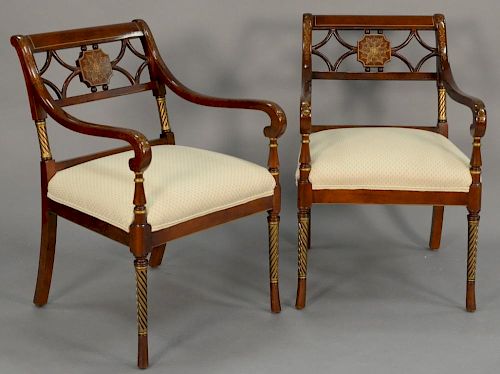 Pair of Maitland Smith armchairs, Regency style having painted snowflake center and leaf painted arms.