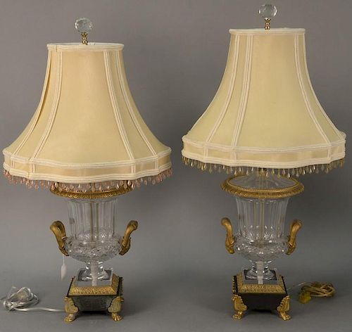 Pair of French Empire style crystal bronze mounted urns made into table lamps, having crystal cover with bronze rim over diam