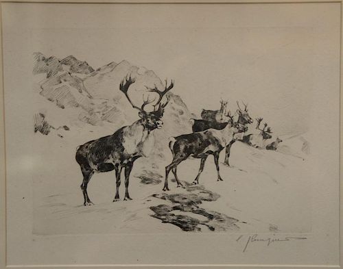 Carl Clemens Mortiz Rungius (1869-1959) 
drypoint etching 
"Osborn's Caribou" 
pencil signed lower right : C. Rungius 
signed