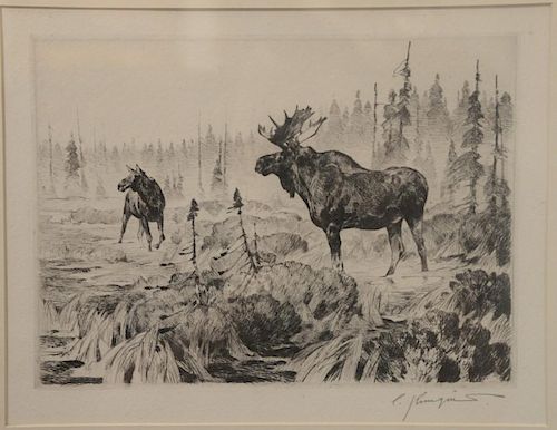 Carl Clemens Mortiz Rungius (1869-1959) 
drypoint etching 
"Near Long Lake" 
pencil signed lower right : C. Rungius 
signed a