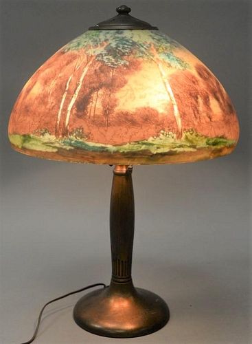 Handel reverse painted table lamp having reverse painted country landscape with trees on domed shade with chipped ice exterio