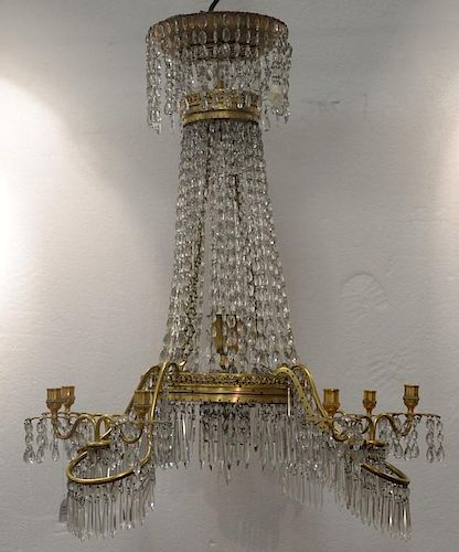 Neoclassical ormolu, cobalt blue glass and cut crystal eight light chandelier with bronze frame, possibly Swedish or Russian,