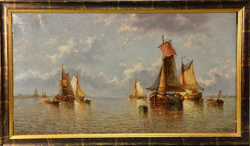 Auguste Musin (1852-1923) oil on canvas, Calm Morning, Ships Moored, signed lower right Auguste Musin Bruselles, marked on ba