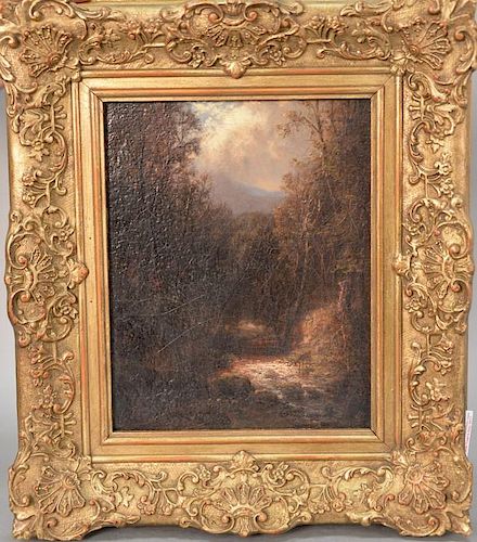 David Johnson 
oil on canvas landscape 
River and Deer 
initialed lower right: DJ 
10 1/4" x 8"