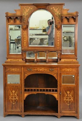 Rosewood inlaid sideboard in two parts, upper portion with mirrors and shelves on lower portion with doors and drawer with ho