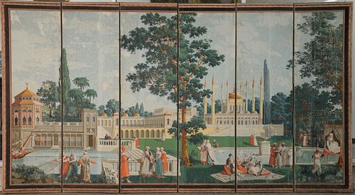 Joseph Dufour papier paint panels, set on large six fold screen depicting Algerian garden scene with scrolling pines, mosque,