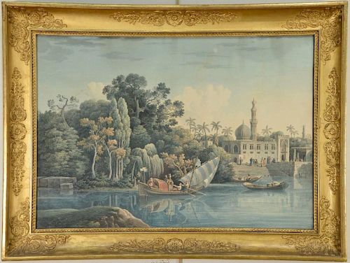Dufour  pair of Algerian watercolor over etched line City with Mosque on River's Edge  and  Leaving the Mosque  early 19th ce