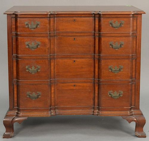 Custom mahogany block front four drawer chest on ogee feet. ht. 37 1/2in., wd. 40 1/2in., dp. 21 1/2in.