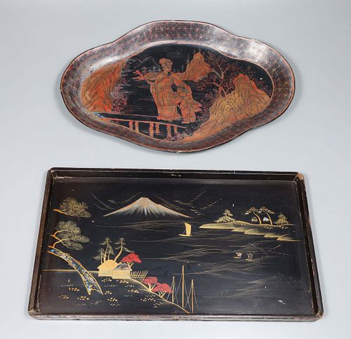 Group of Two Antique Lacquer Platter and Tray