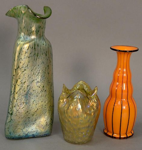 Three Loetz art glass vases including tall green oil spot vase with pontil attributed to Michael Powolny, a tango glass vase,