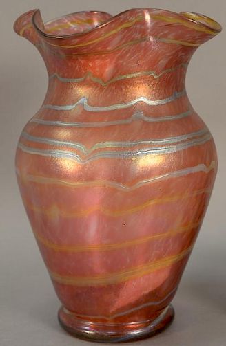 Large Loetz art glass vase, red iridescent with ruffle rim. ht. 15in., dia. 9 3/4in.