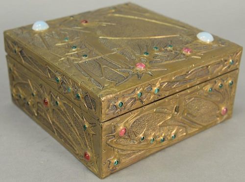 Alfred Daguet (1875-1942) repousse brass vanity box with jeweled glass cabochons and silk interior.  ht. 4 1/2in., top: 7" x 