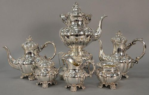 Six piece sterling silver tea and coffee marked Tutunzi Roma 925 sterling to include hot water pot on tilting stand, coffee p