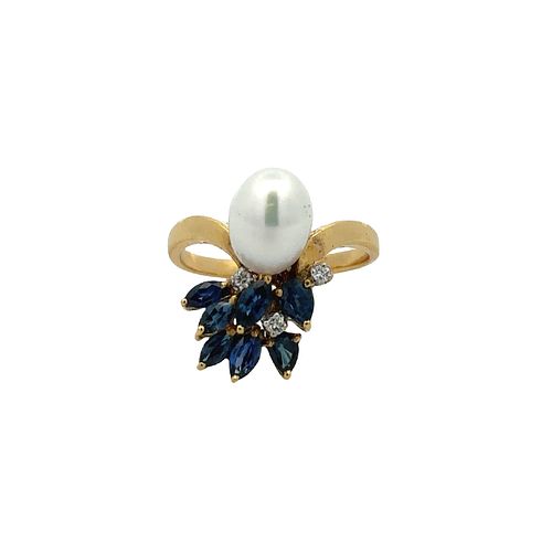 Sapphires, Diamonds & Pearl 18k Gold Ring