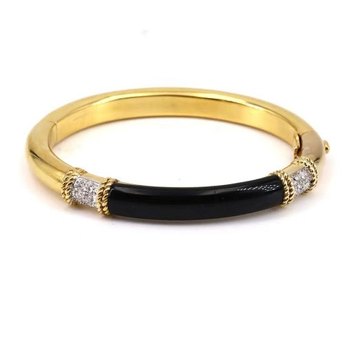 French 18k gold Cuff Bracelet with Diamonds & enamel