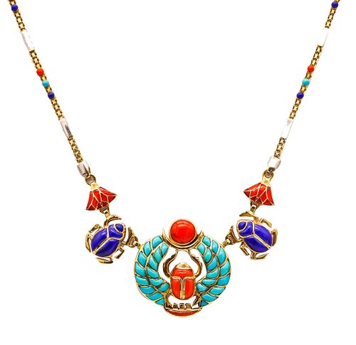 Egyptian Revival Scarab Necklace In 18Kt Gold With Carved Gemstones