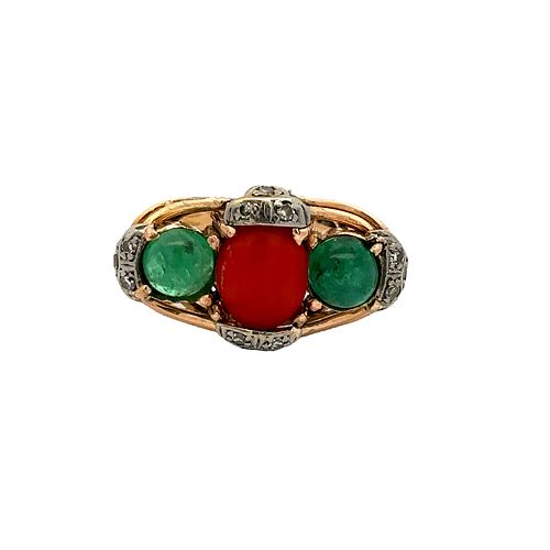 Emeralds, coral & Diamonds 18k Gold Ring