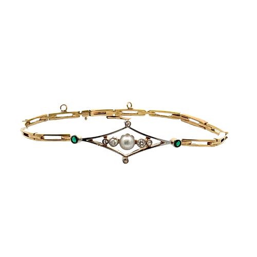 Art Deco Bracelet in 18k Gold with Diamonds, Pearl & Emeralds