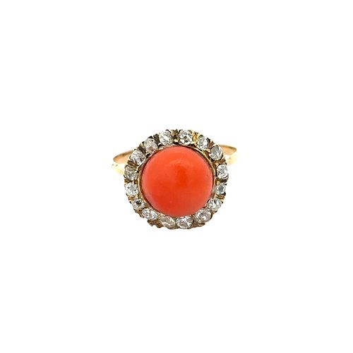 Coral & Diamonds Antique 18k Gold Ring