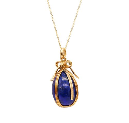 Tiffany Co 1976 Schlumberger Egg Necklace Chain In 18Kt Yellow Gold With Lapis Lazuli