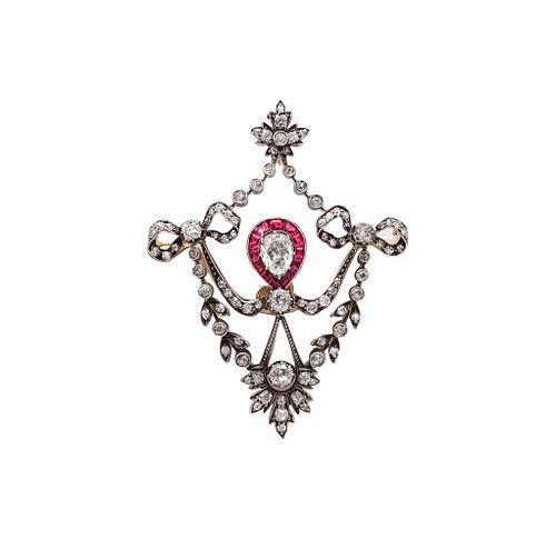 Edwardian 1900 Belle Epoque Convertible Pendant In 18Kt Gold With 5.08 Ctw In Diamonds & Rubies