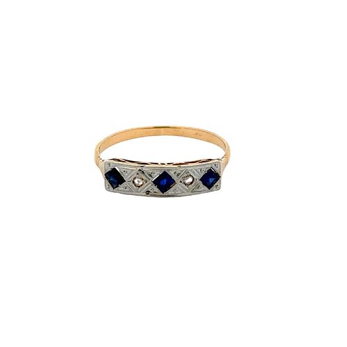 Art Deco 18k Gold Ring with Diamonds & Sapphires