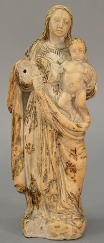 Early polychromed marble statue of standing Madonna holding Christ as an infant, Madonna fully robed with paint and gilt deco