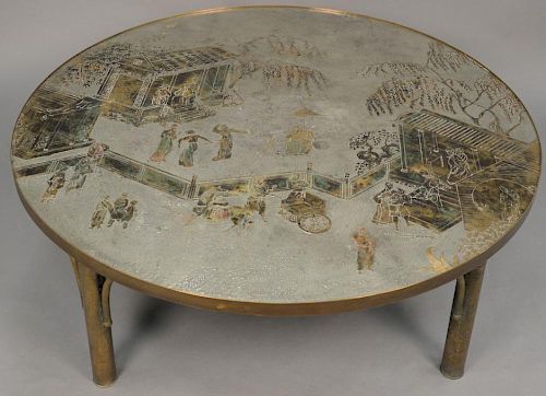 Philip & Kelvin Laverne round "Tao" coffee table, enameled acid etched, patinated bronze pewter, signed Philip-Kelvin Laverne