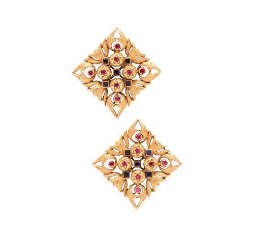 Italian Renaissance Clips Earrings In 18K Gold With Rubies & Sapphires